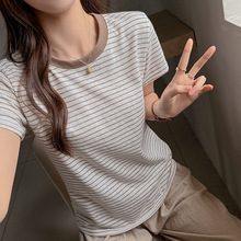 W韩版宽松撞色短袖t恤女春夏小圆领设计感条纹慵懒感百搭简约上衣