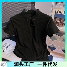 新中式复古国风提花短袖T恤女夏季洋气减龄褶皱修身盘扣打底上衣