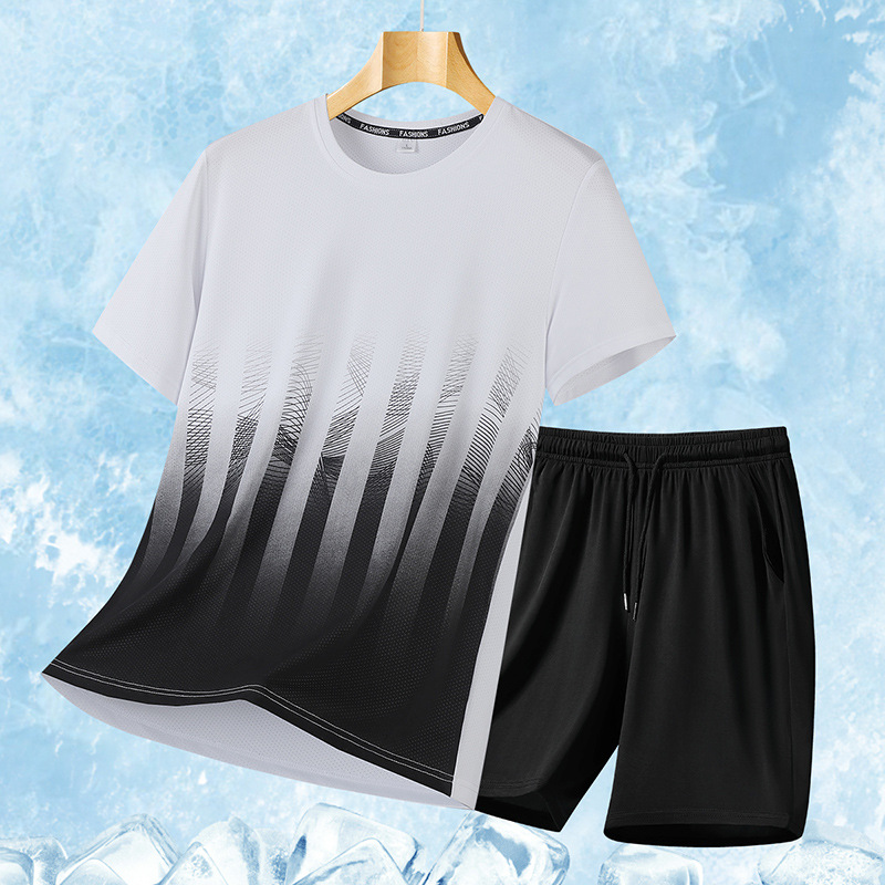 Gran tamaño de verano traje deportivo casual hombre suelto hielo mangas cortas camiseta de hombre pantalones cortos de moda guapo conjunto de dos piezas