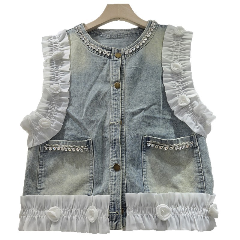 Flor francesa dulce tridimensional diseño de diamante chaleco de vaquero mujer primavera y verano nueva moda extranjera blusa versátil