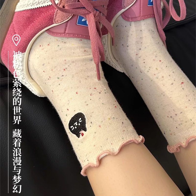 Spring-summer style seamless socks with ruffled edges, cartoon dots, bowknot, long socks with cute animal patterns, wholesale from Zhuji Spring-summer style seamless socks with ruffled edges, cartoon dots, bowknot, long socks with cute animal patterns, wholesale from Zhuji