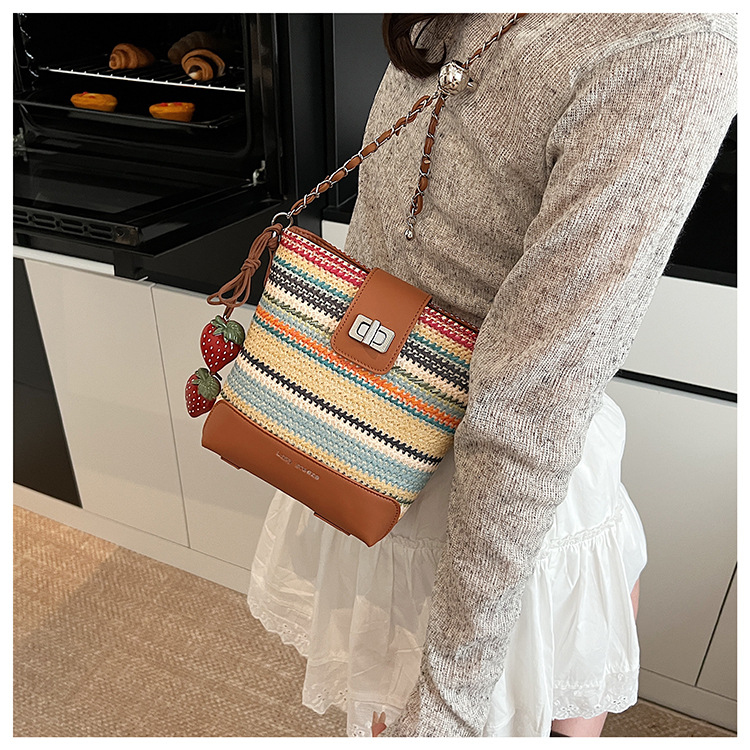 Seaside vacation beach rainbow woven bag for women 2025 Summer New style fashionable, simple, casual and high-quality single-shoulder bucket bag undefined