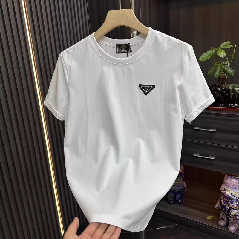 Classic inverted triangle logo chest patch short-sleeve T-shirt, basic couple's style top, men's clothing, versatile, simple and casual