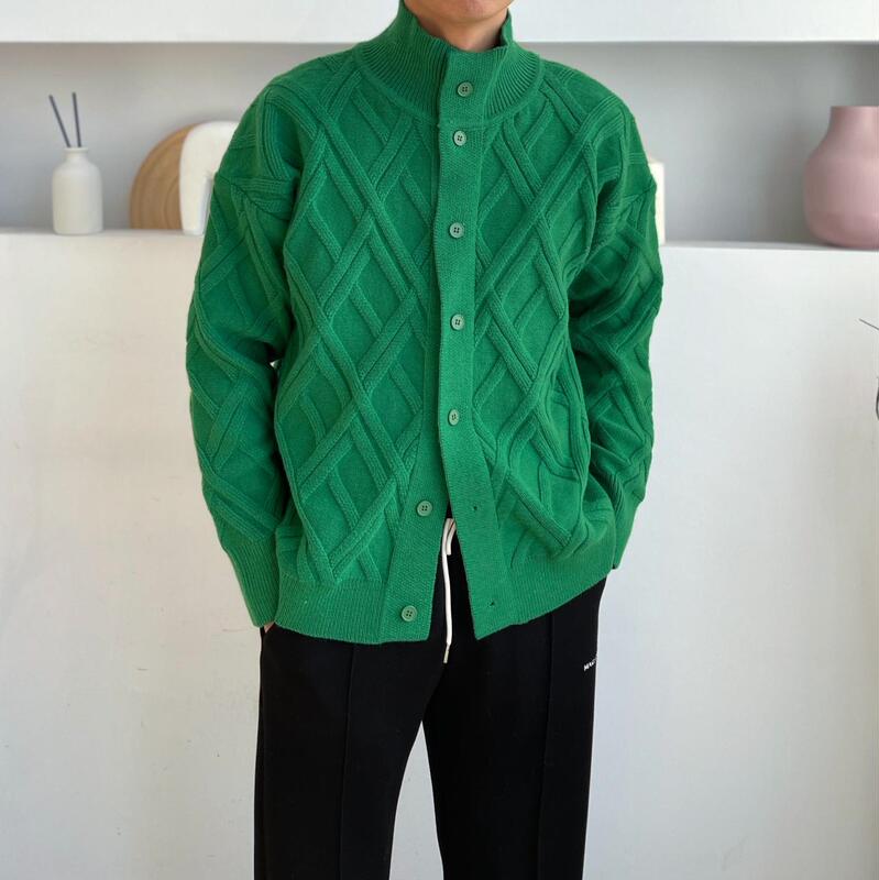 South Korea Korean Style Rhomboid Knitted Niche High-end Cardigan Thickened Knitted Sweater Half Turtleneck Green Sweater for Men