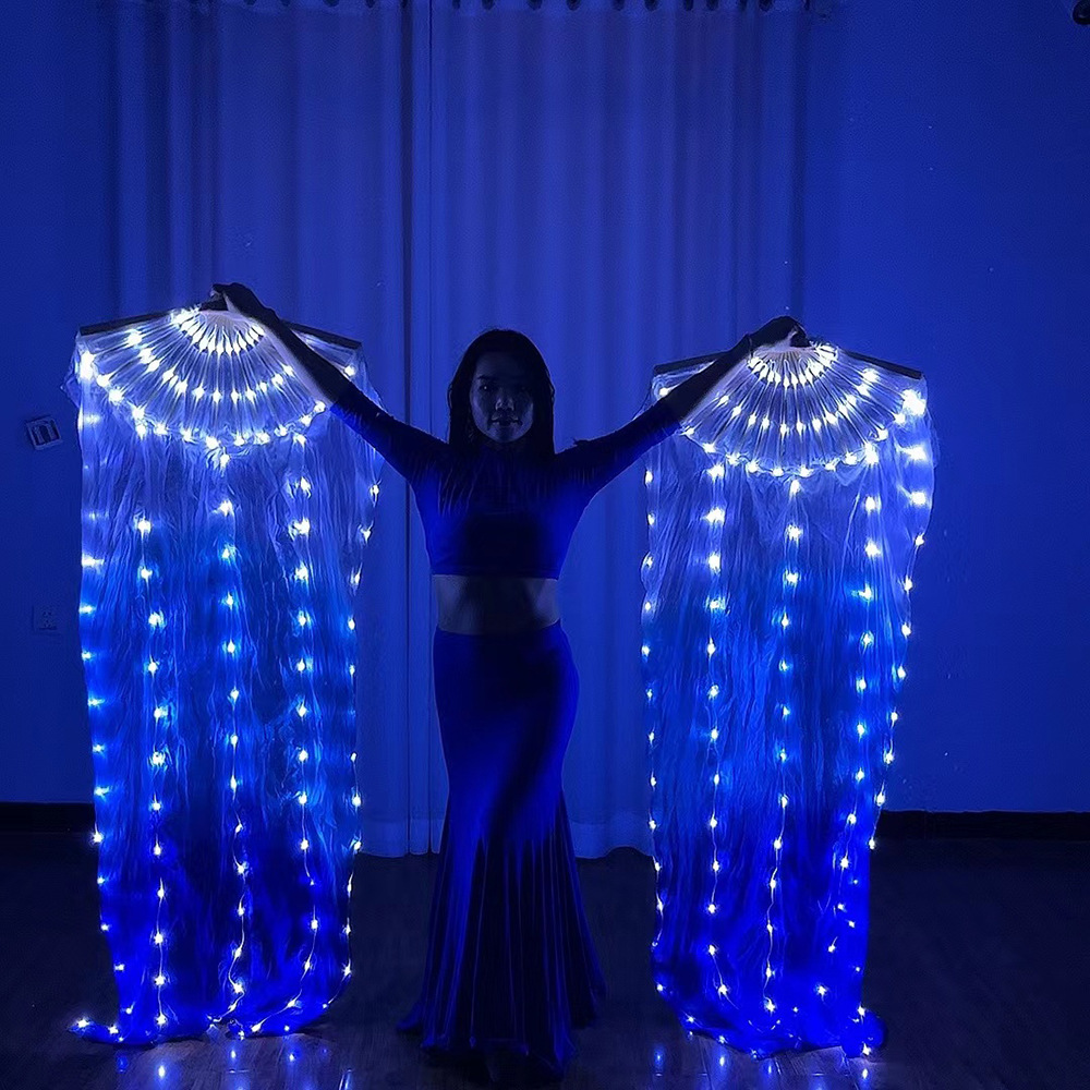 Nuevo LED luminoso ventilador blanco y azul gradiente tela de seda danza apoyos suave alambre luz carga etapa rendimiento