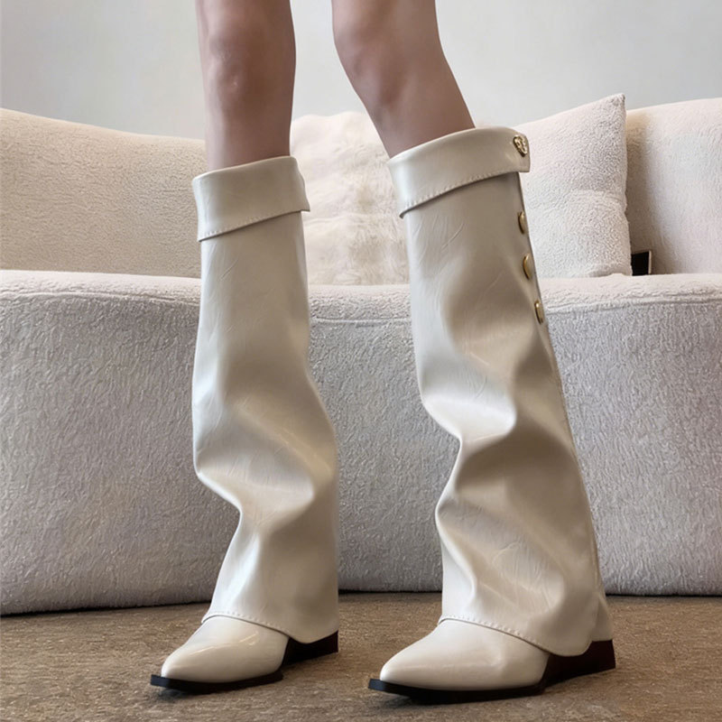 Tweed Style Pointed Toe Wedge Boots Women's Boots 2025 Autumn and Winter New Retro Over-The-Knee High-Leg Knight Boots