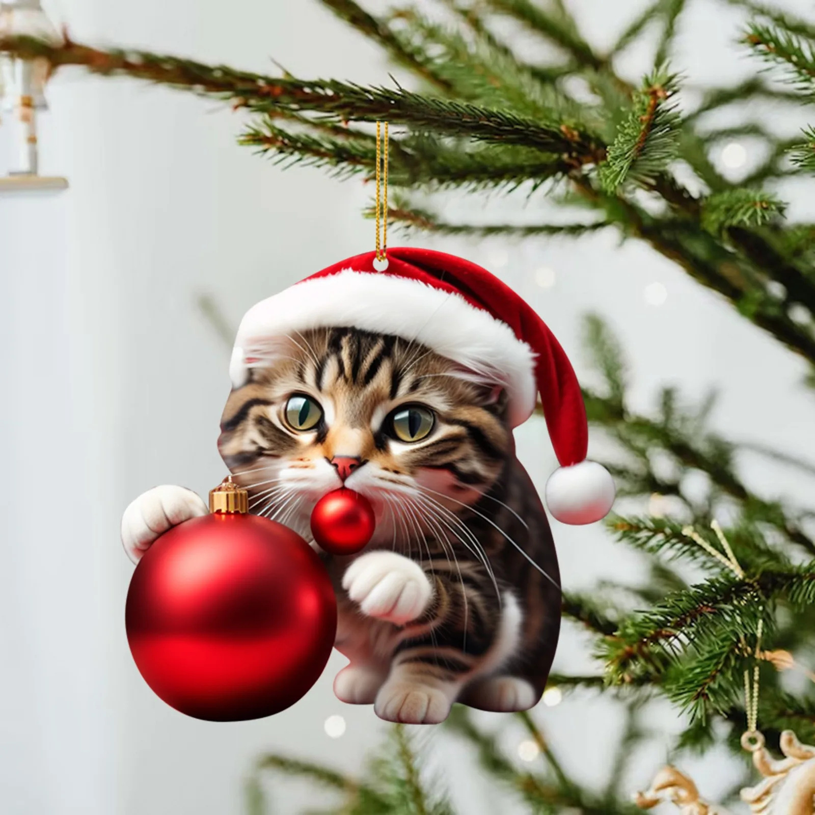 Acrílico gracioso lindo gatos voluminosos de mano bola de Navidad decoración de árbol de Navidad colgante llavero para celebrar las vacaciones