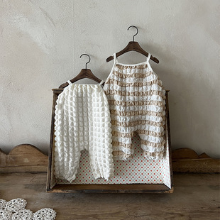 Baby Summer thin pants baby girl sling puff plaid jumpsuit baby Summer outdoor suspender pants trousers