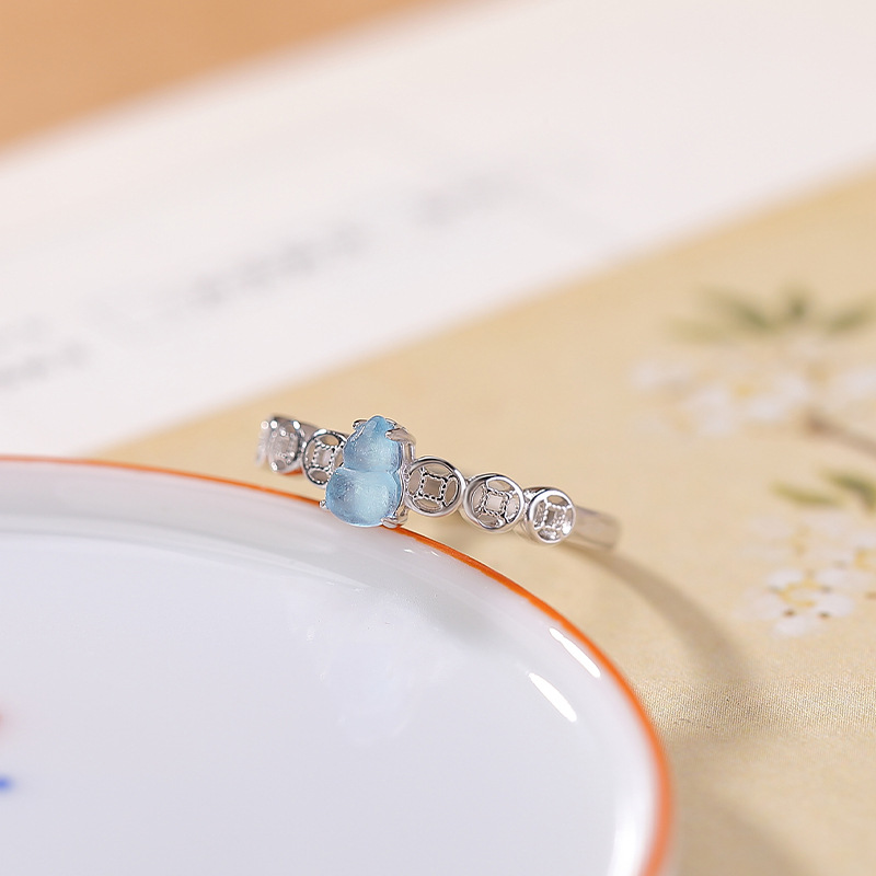 Nhẫn bạc S925 đính đá Aquamarine hình hồ lô phong thủy họa tiết đồng xu chiêu tài, dáng mở điều chỉnh — Một cái