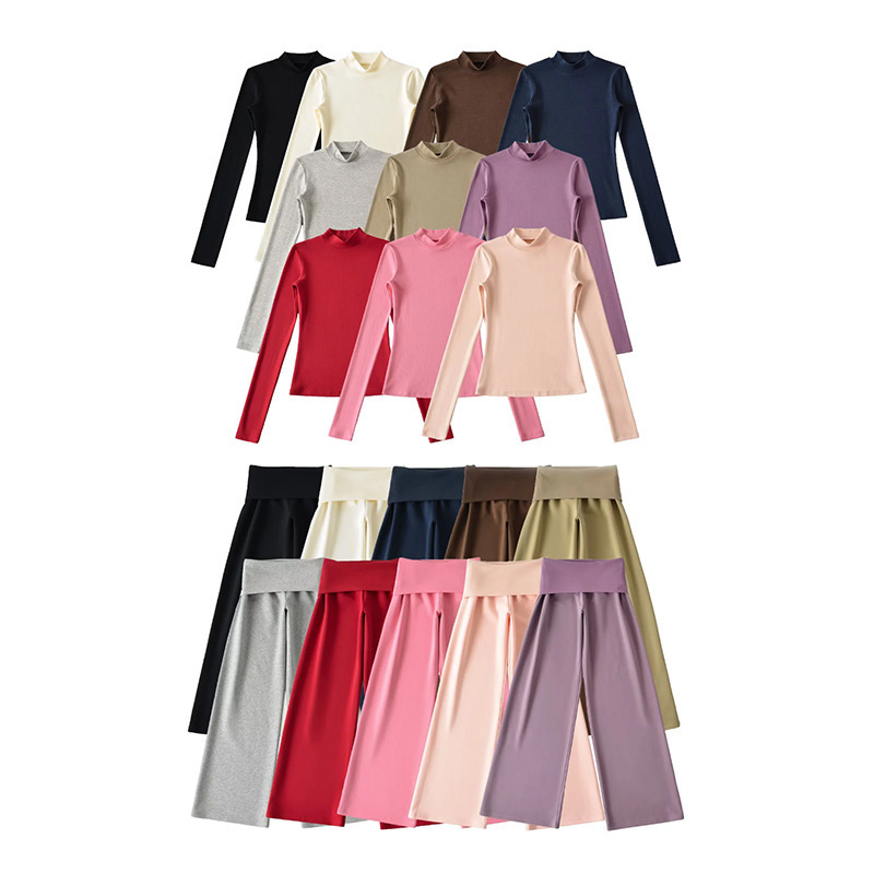 25613-Korean Half-High Collar Long-Sleeved Knitted T-Turn Waist Wide-Leg Pants Suit Slim Fit Inner Layering Shirt Casual Pants