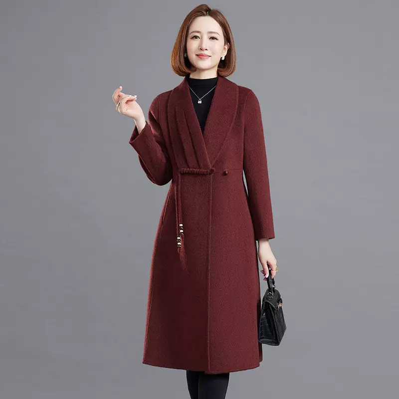 中国风双面呢大衣2025新款喜婆婆婚宴礼服长款纯羊毛外套大码女装