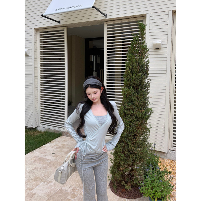 Summer New Style Pure Desire Hot Girl Ballet Lace-Up Sun Protection Cardigan + Suspenders + Flared Long Pants Set for Women