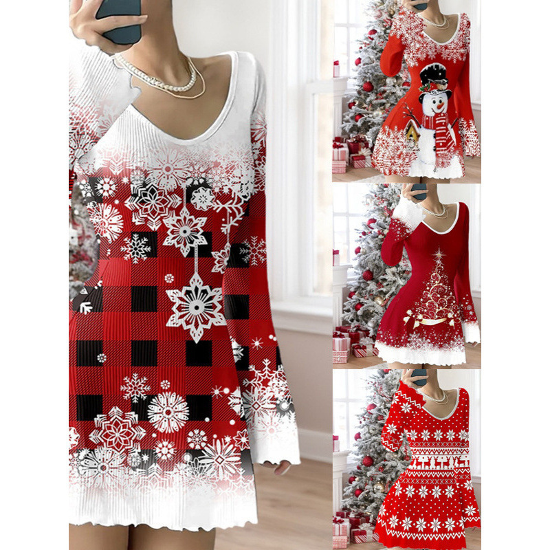 Autumn and Winter European and American Amazon Cross-Border New Women's V Neck Elastic Pit Strip Christmas Printed Bell Sleeve Dress