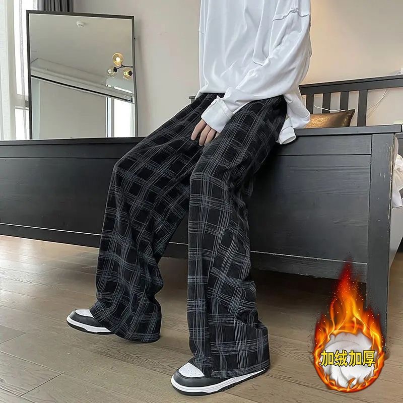 格子灯芯绒直筒裤男加绒加厚宽松卫裤秋冬季潮牌港风阔腿运动裤