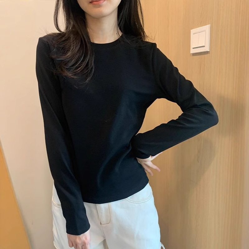 内搭圆领正肩T恤女灰色修身显瘦长袖打底衫早秋新款修身百搭上衣|undefined