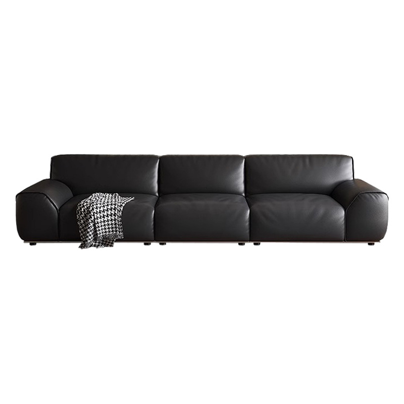 Sofá de cuero minimalista italiano, sofá de salón en línea recta, sofá de cuero completo, gran vaca negra, negro, nuevo estilo 2025