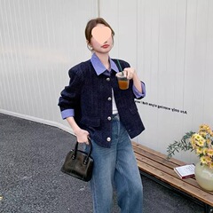 藏青色设计感格纹拼接小香风外套女2025早春新款时髦洋气设计上衣