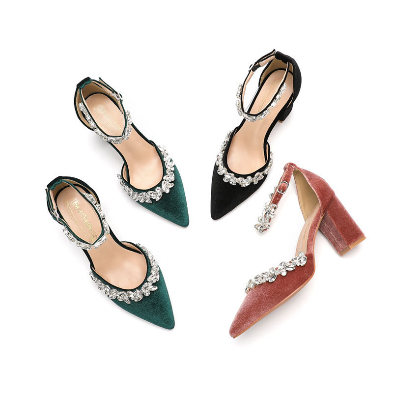 Thick Heel Shoes Pointed Velvet Hollow Rhinestone Buckle Belt Wedding Shoes Bridal Shoes Bridesmaid Shoes Banquet Shoes Women