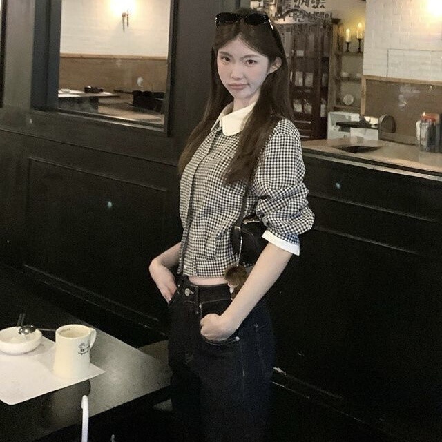 Korean Retro Doll Collar Plaid Shirt for Women, New Spring and Autumn Short Style Top, Slim Fit Shirt, Outerwear Jacket Korean Retro Doll Collar Plaid Shirt for Women, New Spring and Autumn Short Style Top, Slim Fit Shirt, Outerwear Jacket