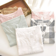 特价夏短袖睡裙女全棉双层V领宽松纱布家居裙子简约休闲透气中裙