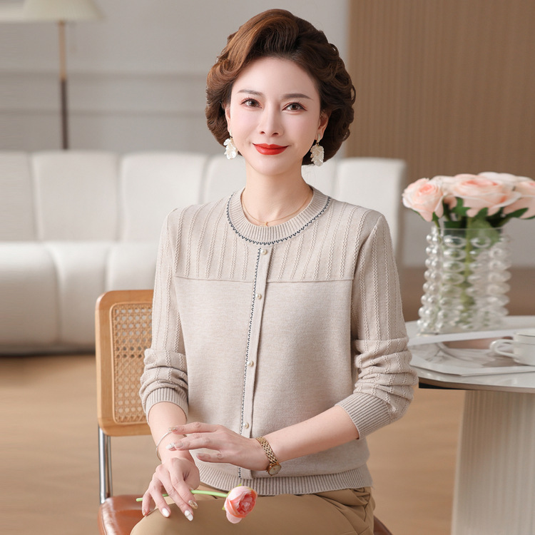 2025新款妈妈春装时尚圆领薄款毛衣中老年女装长袖T恤打底上衣服|undefined