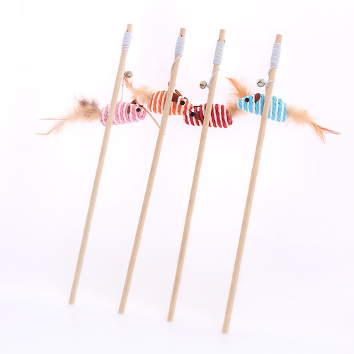 Funny cat stick Pipitao linen feather bell funny cat toy solid wood wooden pole pet cat toy wholesale