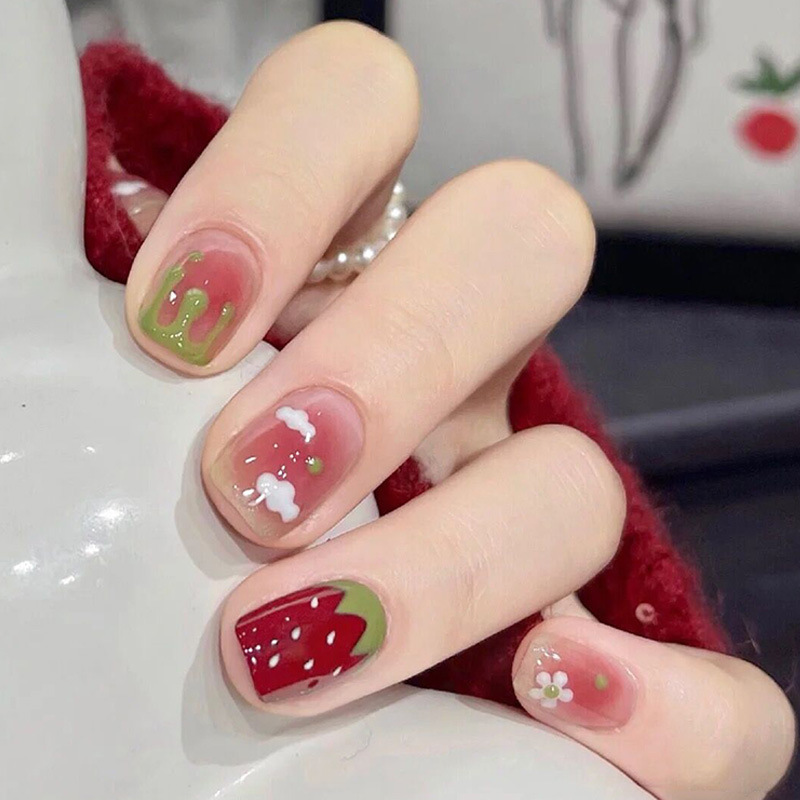 Summer strawberry dopamine ice transparent blush nail beauty pink green contrast color wear nail beauty piece finished short cute nail piece Summer strawberry dopamine ice transparent blush nail beauty pink green contrast color wear nail beauty piece finished short cute nail piece
