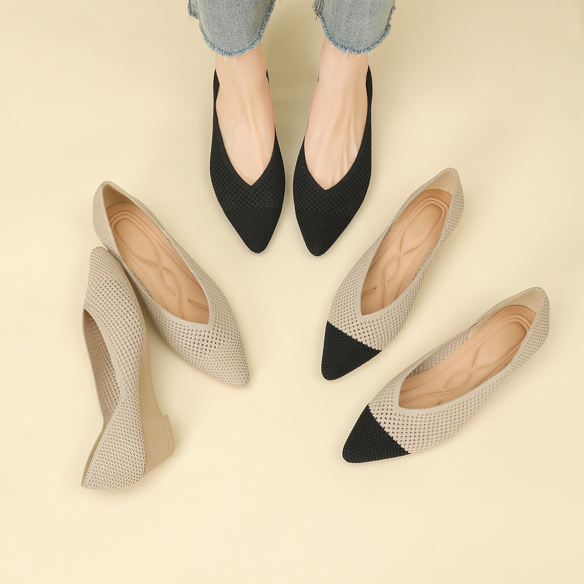 6045 중공 공주 신발 플라이 짠 신발 여성용 뾰족한 발가락 부드러운 밑창 편안한 통기성 웨지 힐 여성용 봄 여름용 대형 캐주얼 신발