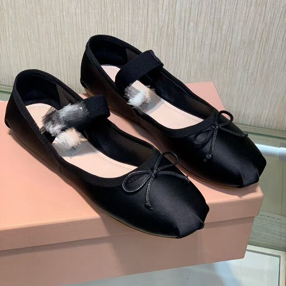 Miu Home Satin Mary Jane Ballet Shoes Bow Shoes Women's New Retro Round Toe Pink Flat Shoes Women