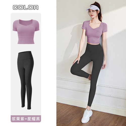 Women's new sports suit with chest pads, elastic splicing short-sleeved tops for outer wear, running training, high-waisted yoga pants for summer