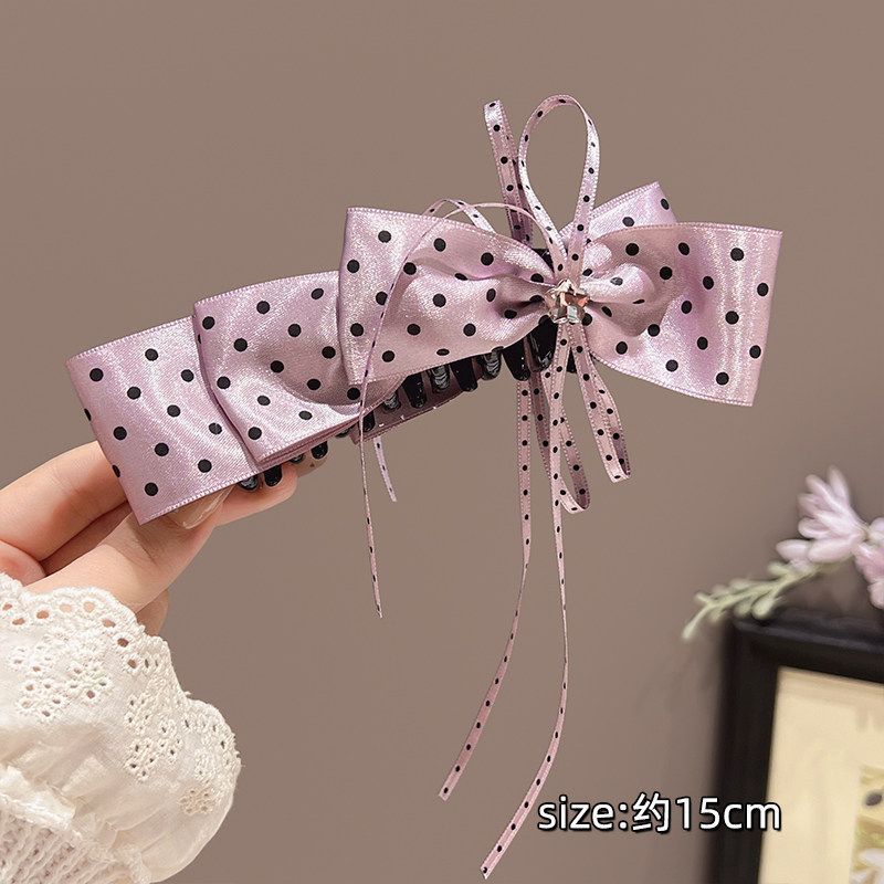 3# purple polka dot banana clip, approximately 13cm; bow, approximately 16cm
