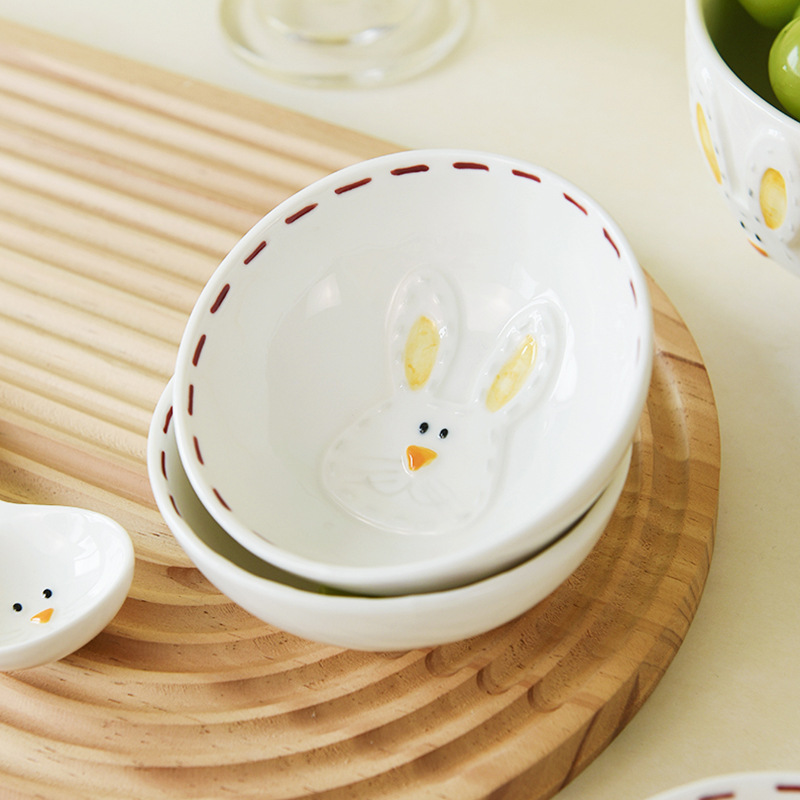 Tazón de conejo en relieve súper lindo, vajilla para niños, plato de salsa para mojar, tazón de arroz de pequeña capacidad para el hogar, tazón de verduras, tazón de fideos, tazón de sopa