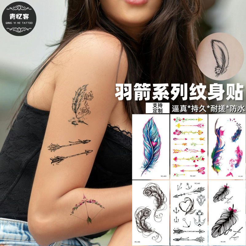 Cross-Border Wholesale Fresh and Simple Feather Temporary Tattoo Stickers Ins Style Personalized Colorful Butterfly Bow and Arrow Cartoon