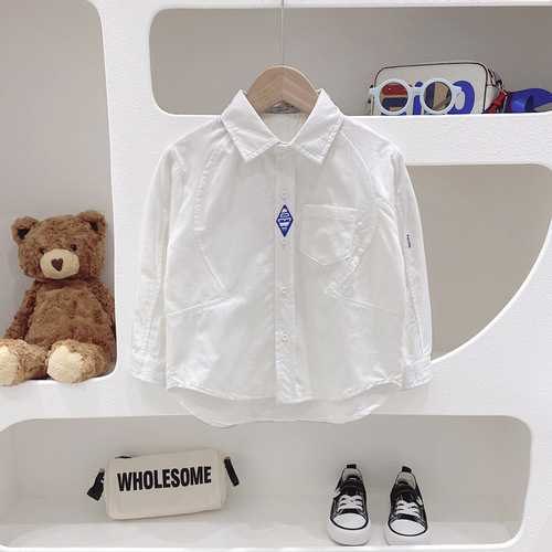 Boys' long-sleeved shirt 2024 spring baby Korean style solid color top embroidered small label medium and large children's spring clothing boys' shirt