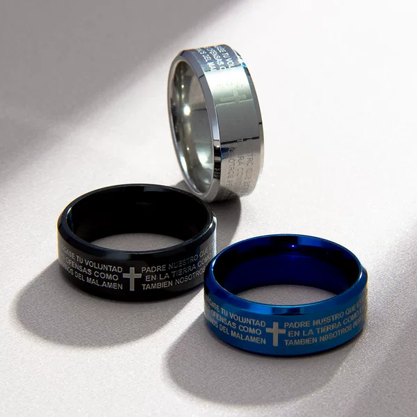 2024 European and American fashion 8mm smooth titanium steel Spanish letters men's and women's ring gift jewelry supply