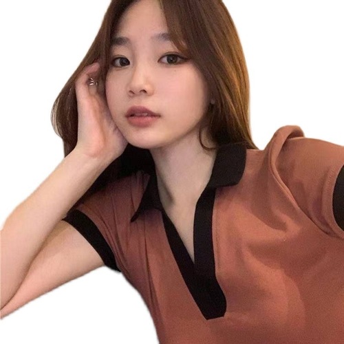 Summer Short Sleeve Collared T-Shirt for Women, Colorblocked Versatile Top, Unisex T-Shirt for Trendy Girls