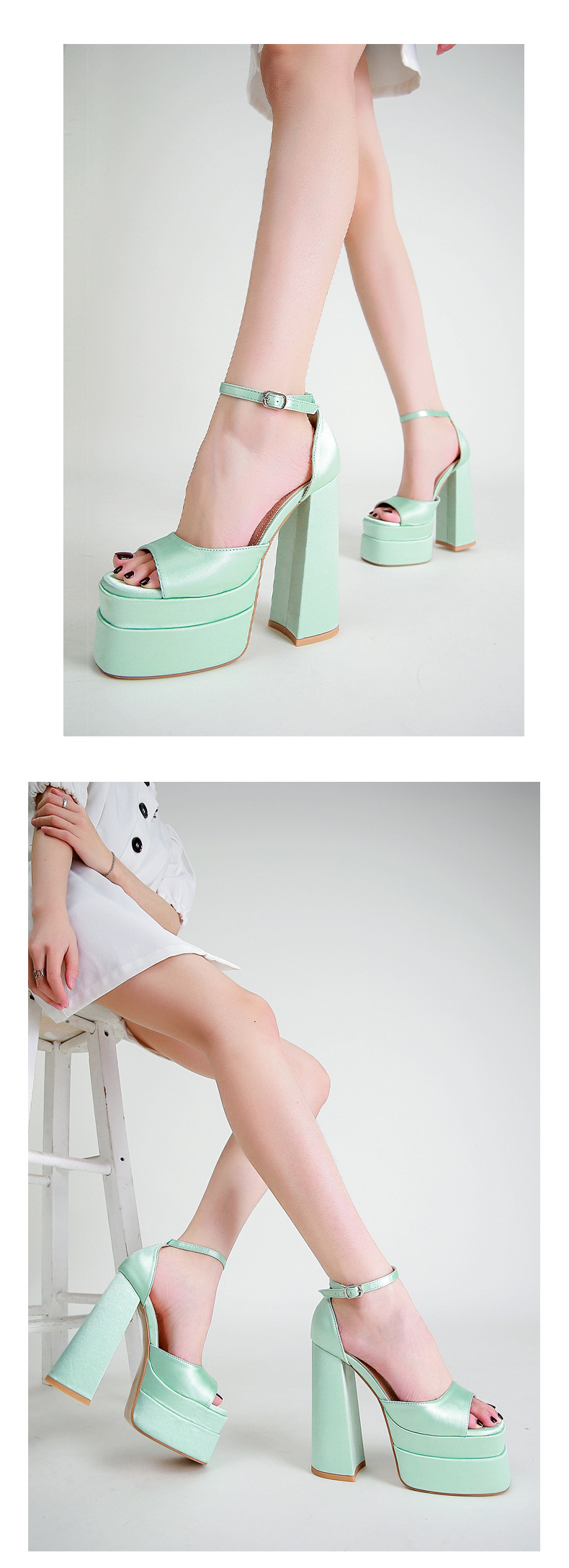 Sandal cao gót nữ mũi vuông rỗng gót vuông satin — Màu đen chi tiết 2