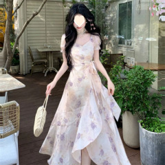 フレンチフリルスカート少し太ったmm夏の新しいリゾートスタイルプリントスリム半袖ドレス女性用