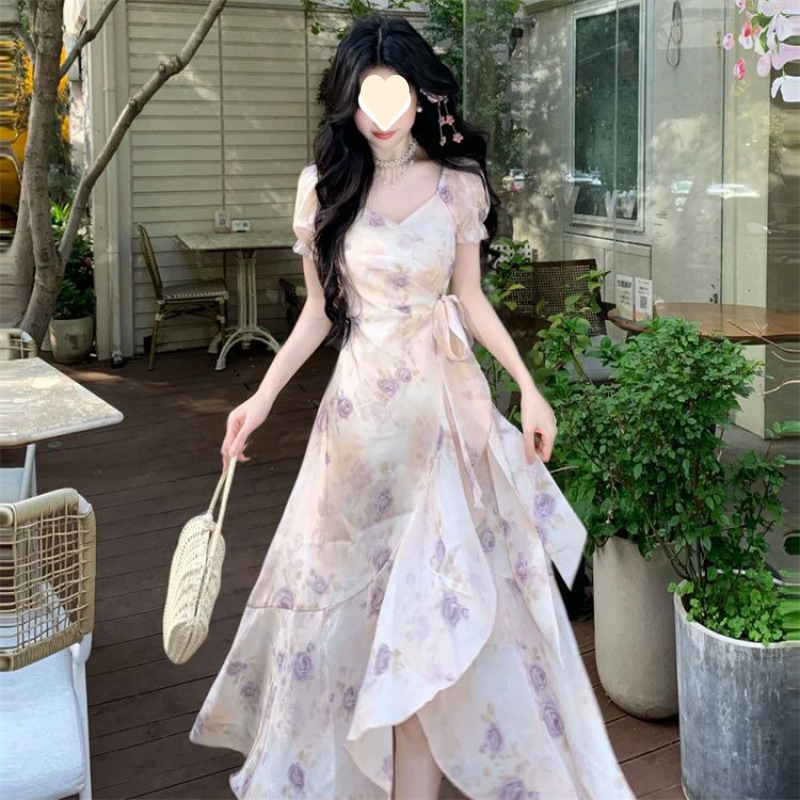 フレンチフリルスカート少し太ったmm夏の新しいリゾートスタイルプリントスリム半袖ドレス女性用|undefined