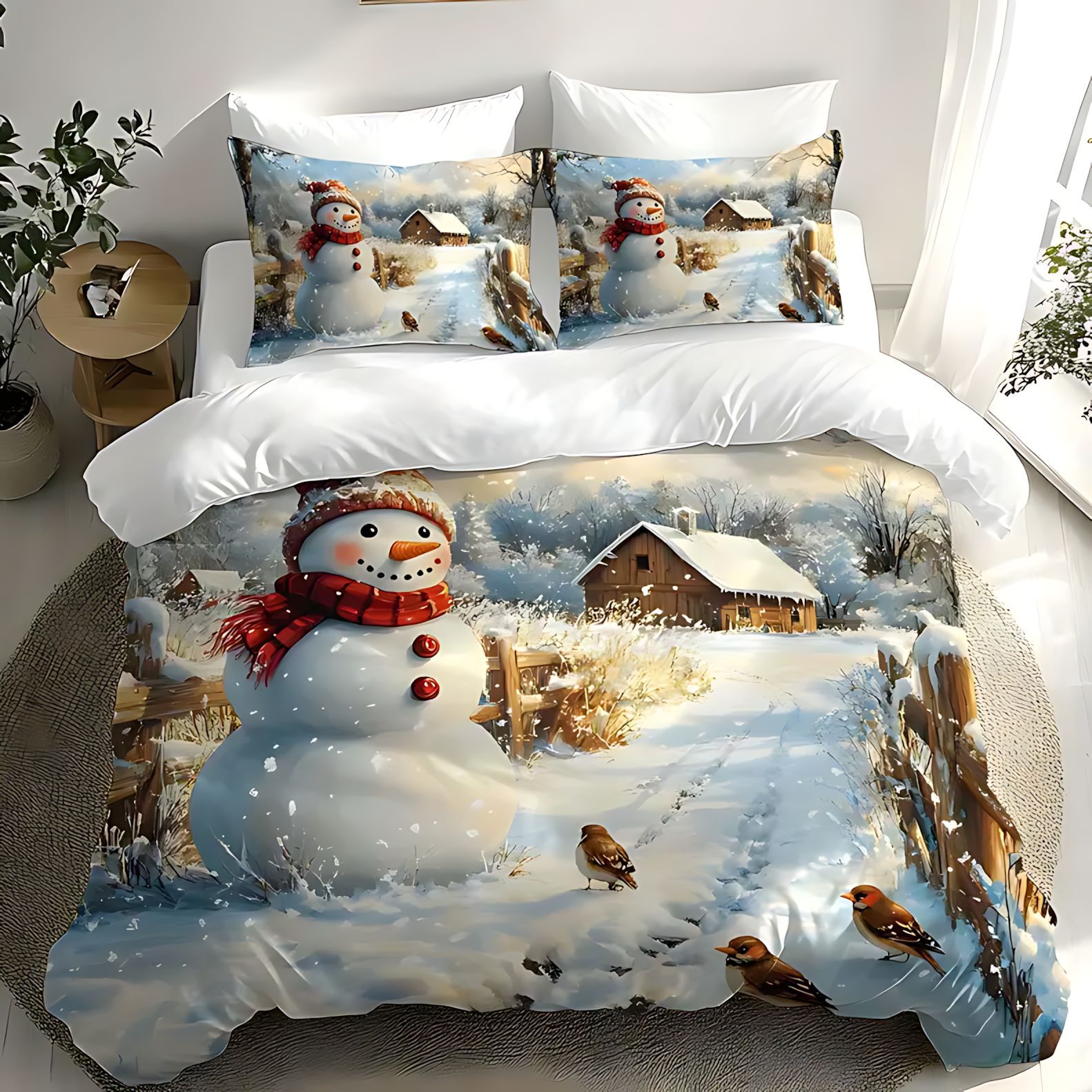 TEMU / JIT Amazon invierno muñeco de nieve HD impresión digital colcha de cama set para dibujar