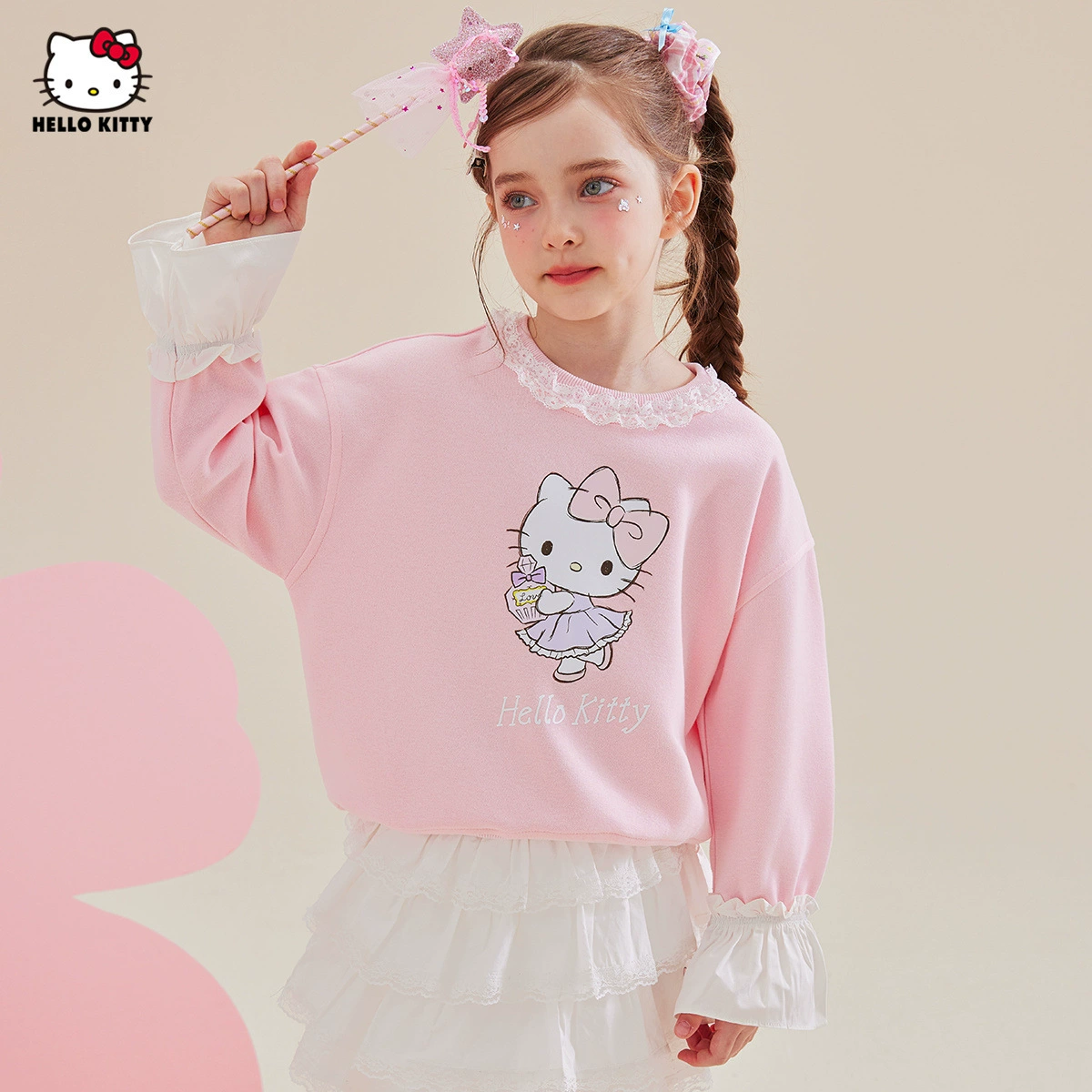 HelloKitty Hello Kitty Girls Весенняя свитера 2025 Новый сладкий кружок свитера