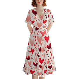 女士情人节爱心连衣裙休闲数码印花图案V领套头短袖收腰连衣裙