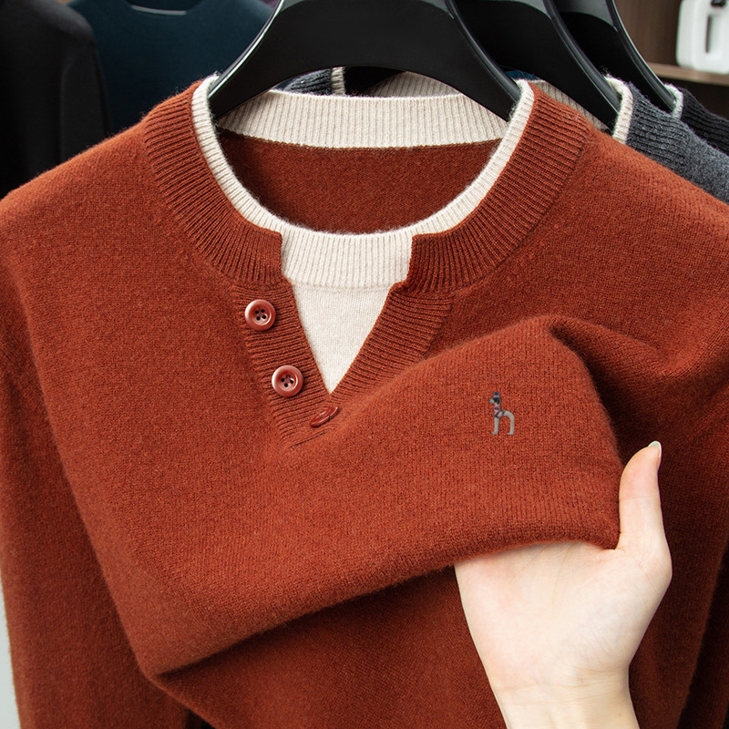 Hazz Haji Gaosi Genuine High-End Pure Cashmere Sweater for Men, Fake Two-Piece Round Neck Thickened Autumn and Winter Fashion Wool Sweater