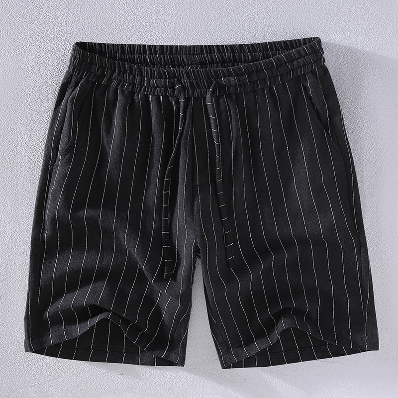 3035 Japanese Ramie Shorts Men's Youth plus size Loose Retro Linen Cotton Pants Striped Sports Beach Pants Thin