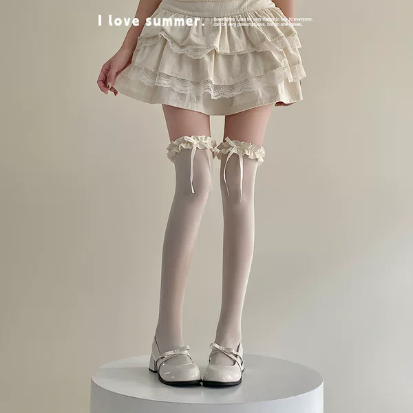 Lolita White Silk Over-The-Knee Socks Women's Bow Lace Socks Autumn and Winter Lolita Lace Black Milk White Thigh Socks