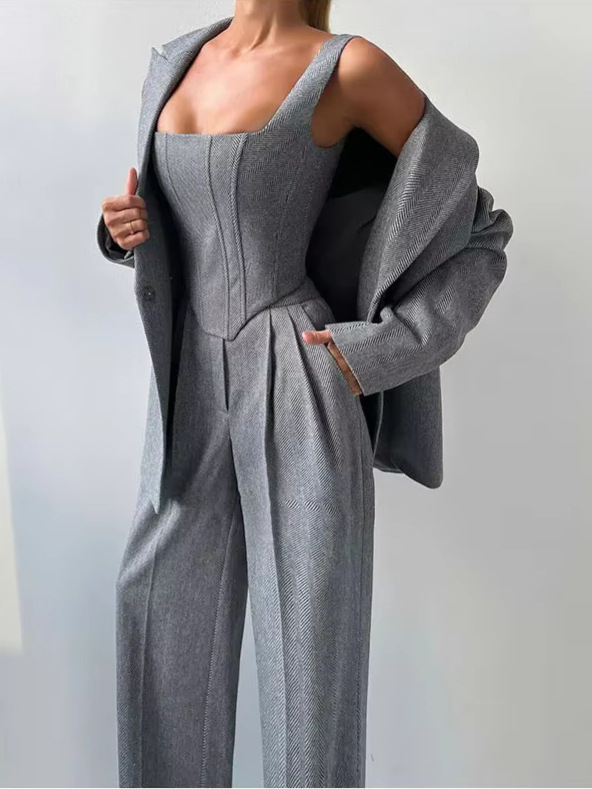 秋冬フィッシュボーンファッションウエストシェイプ万能ロングコートレディースベストパンツ3点セットスーツ長袖婦人服