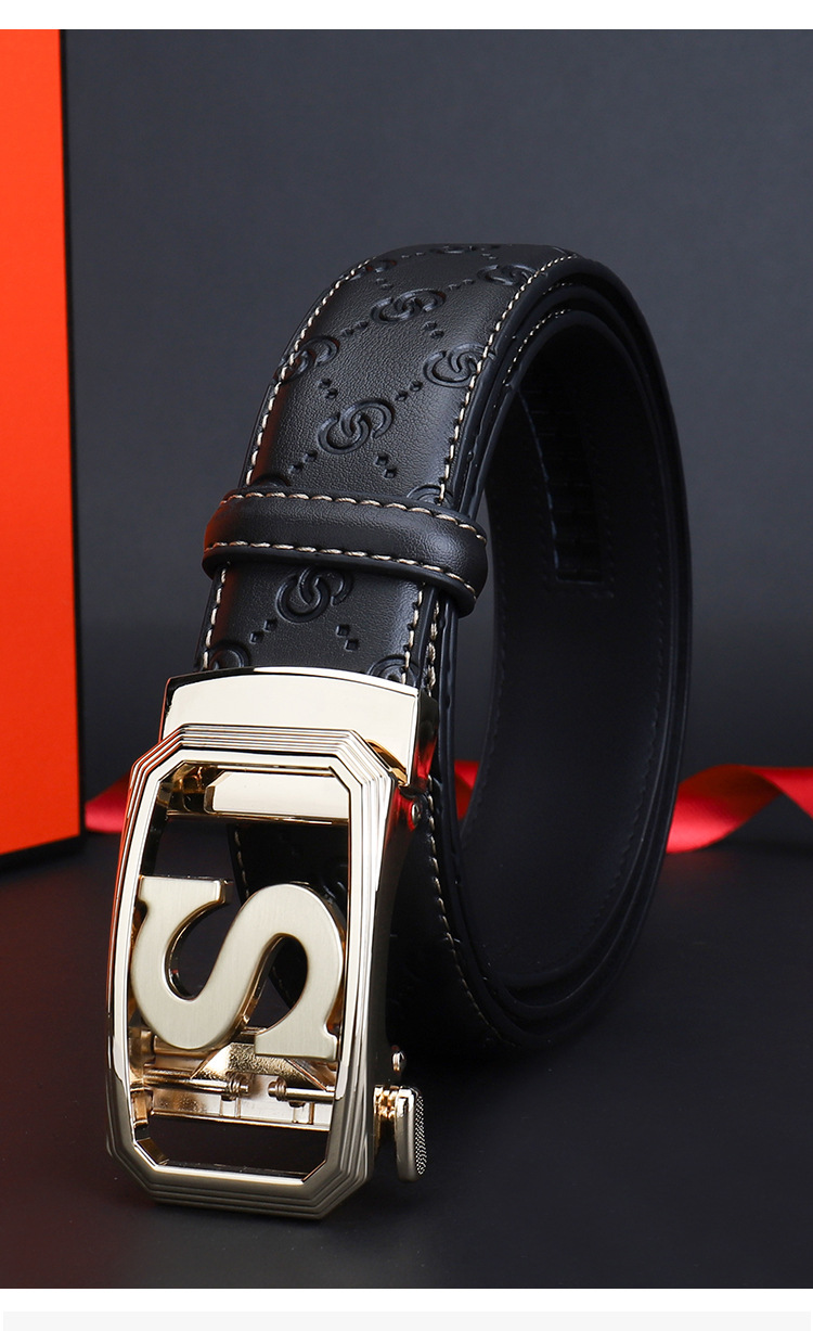 Automatic Buckle Leather Belt For Men With Gold S Letter Buckle_voghion.com