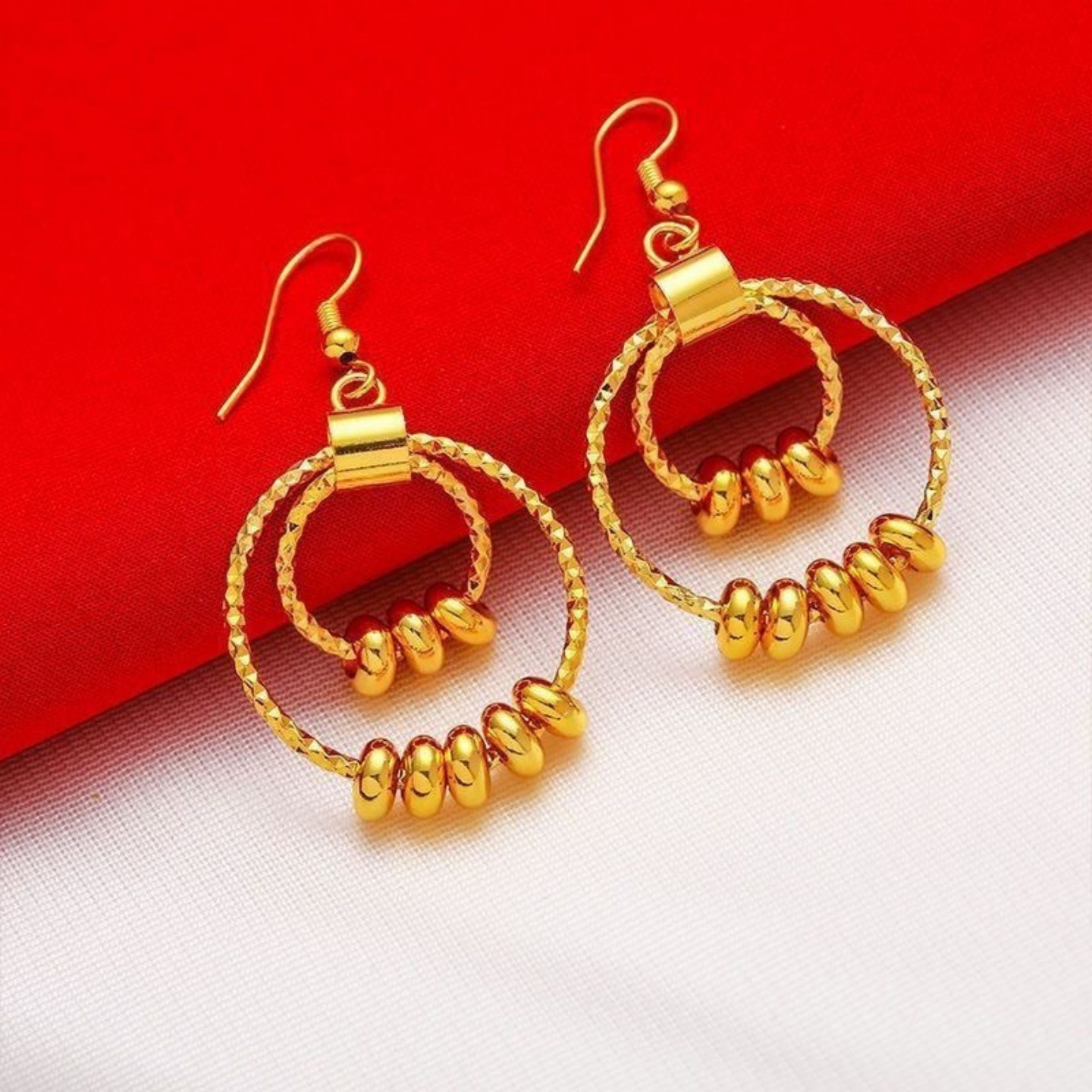 Sand Gold Jewelry Gold Bean Circle Earrings Women's Simulated Gold Niche Accessible Luxury High-End Wedding Three Gold Jewelry Accessories