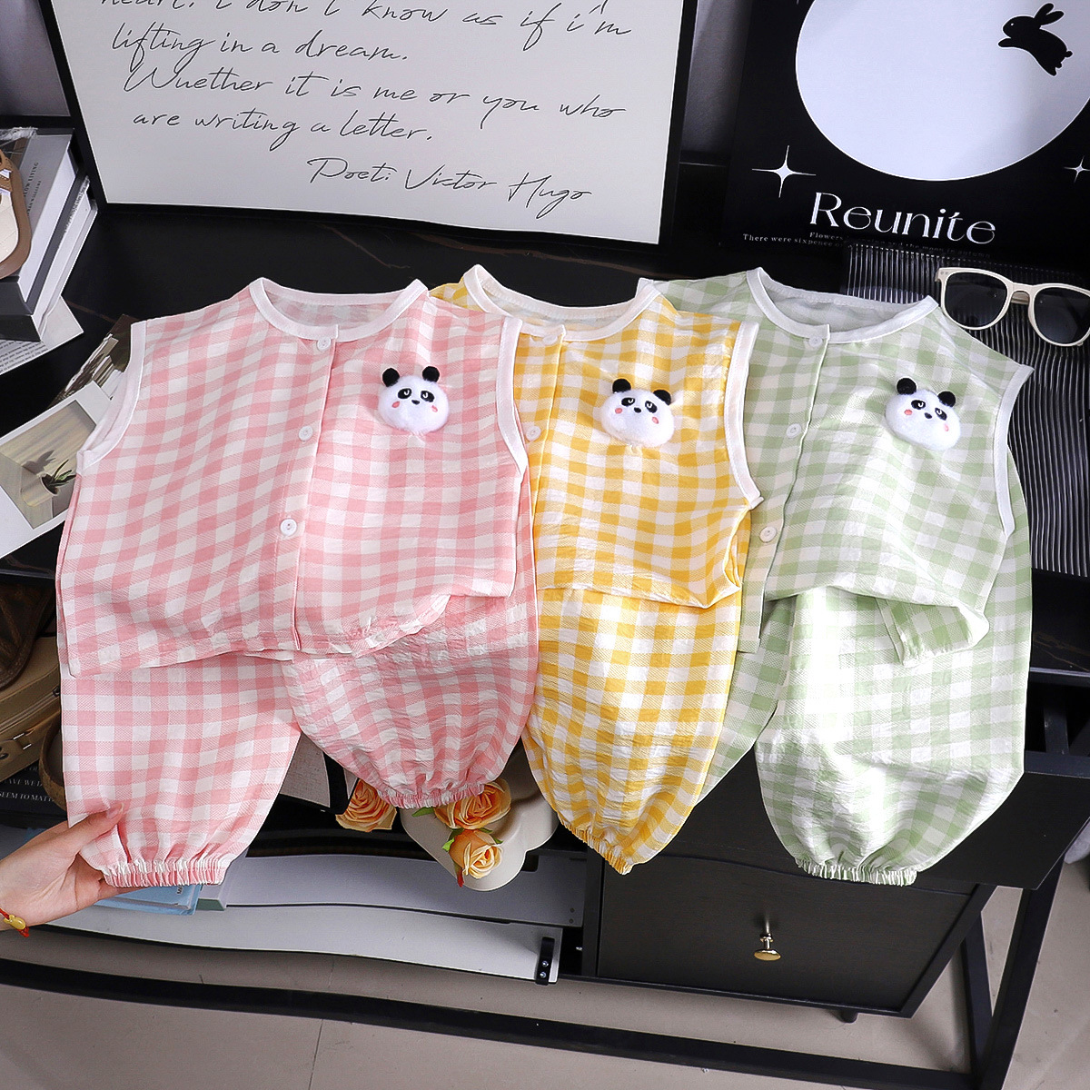 Children's Cardigan Vest Two-piece Set Girls' Front Opening Buckle Fashion Panda suit Boys' Vest Trousers Two-piece Set