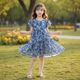 女童连衣裙夏季2026新款韩系公主中大童小飞袖洋气薄款透气裙子